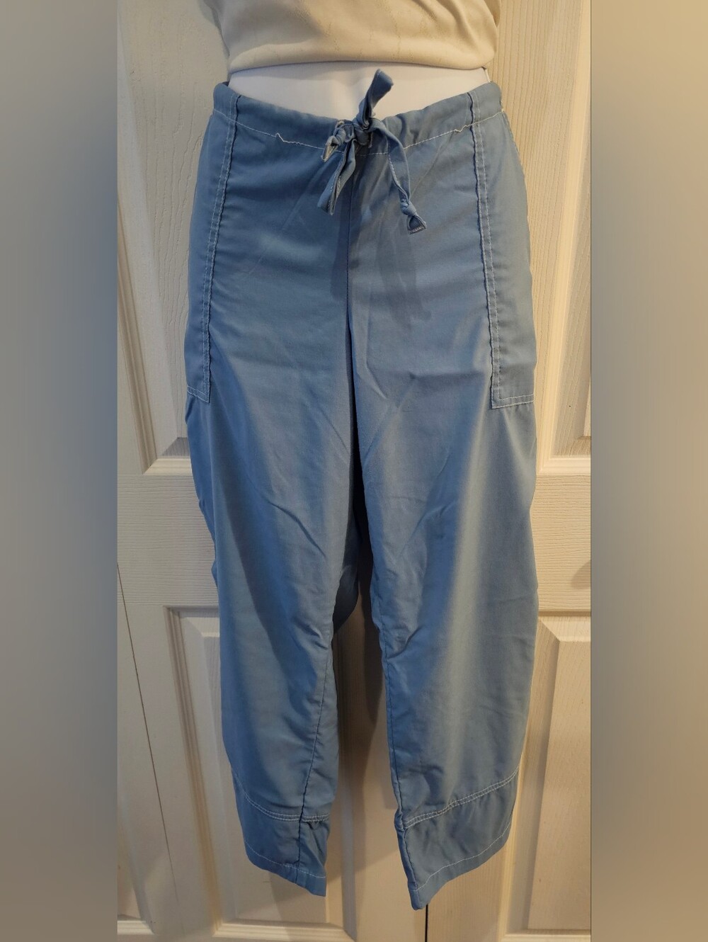 prAna Dusty Slate Blue Drawstring Crop Capri Pants Contrast Stitch - Women's L